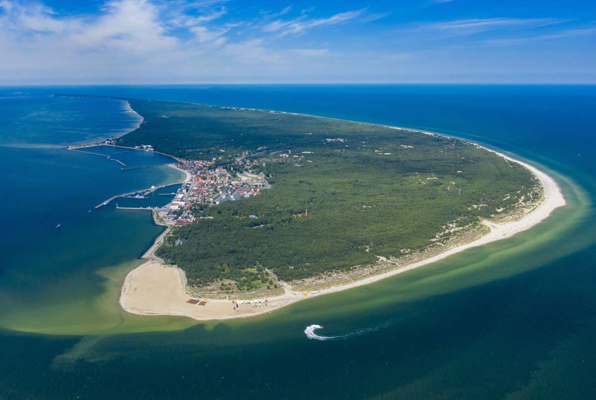 Aerial view of Hel Peninsula in Poland, Baltic Sea and Puck Bay (Zatoka Pucka)