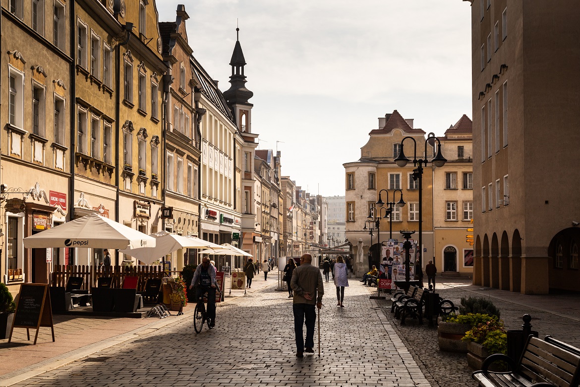 A street in Opole with people walking by
