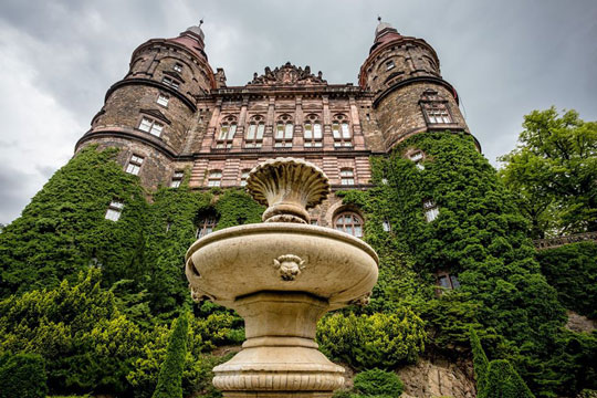Castle fron, fountain, trees
