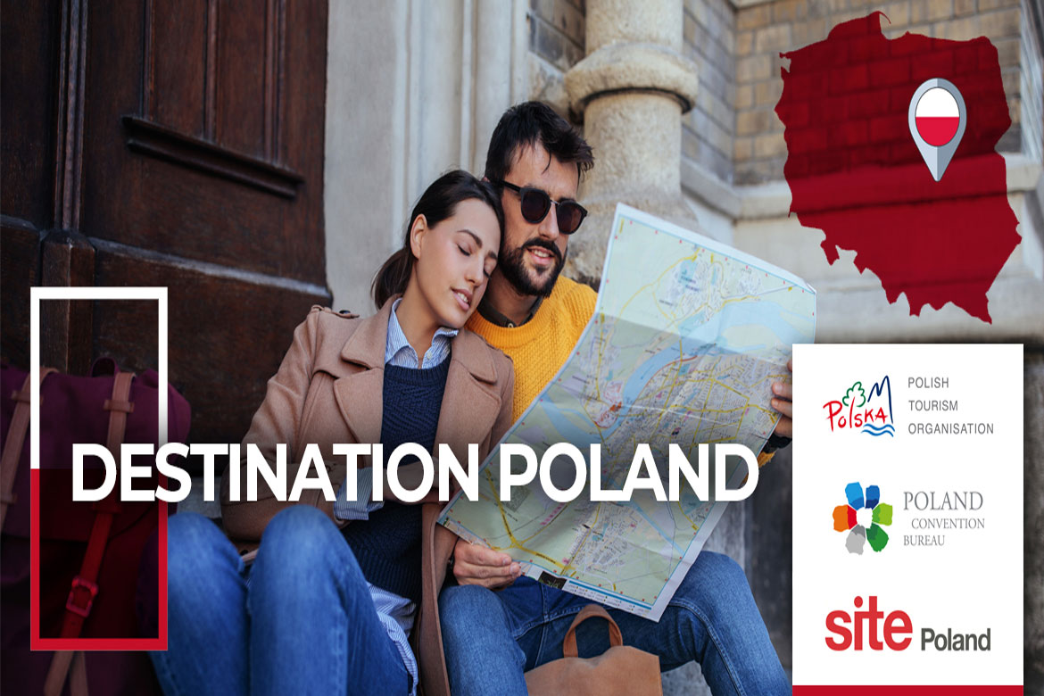 A couple sitting on stairs reading a map. Text accross Destination Poland