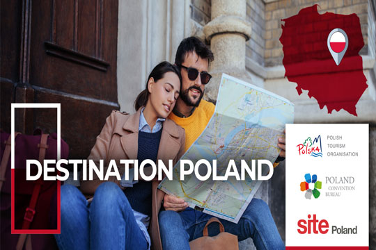 A couple sitting on stairs reading a map. Text accross Destination Poland
