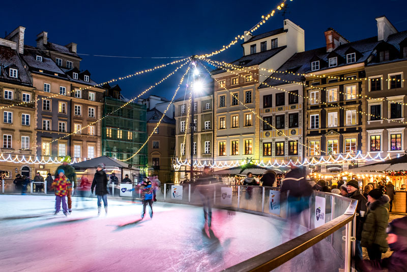 Warsaw, ice skating rink, people, buildings, winter, christmas market