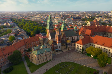 wawel castle, church spires from drone during the day
