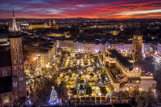 Krakow Christmast market at night from drone